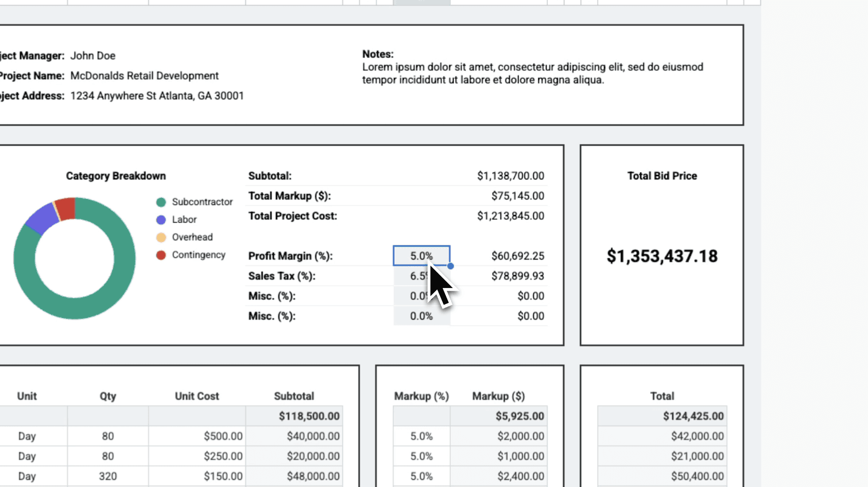 Google Sheets Construction Bid Template category breakdown – pie chart showing Material, Labor, Subcontractor, Overhead, and Contingency totals with subtotal and total project cost