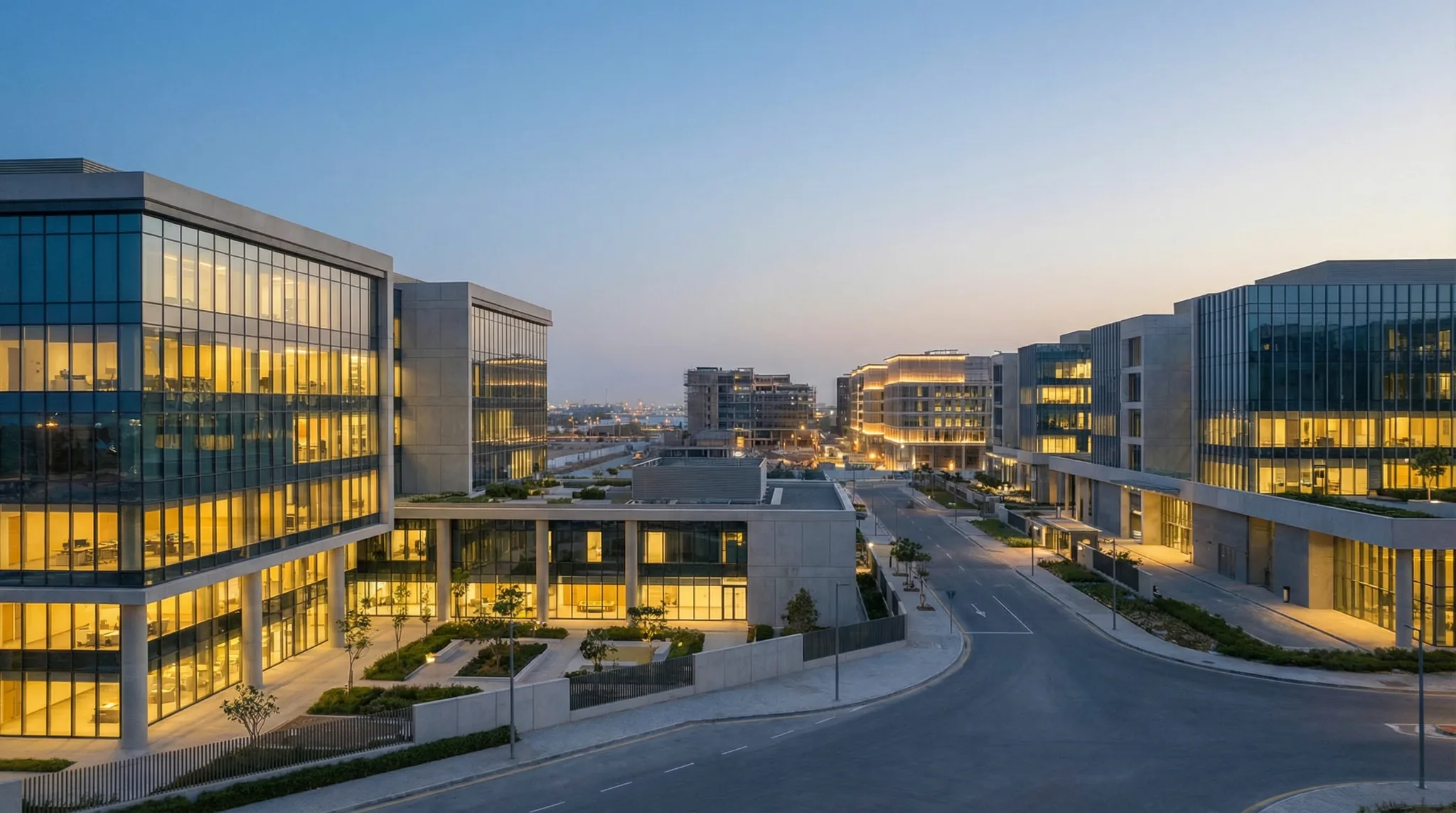 Modern office building with large windows reflecting a vivid orange sunset sky, silhouetted figure visible through the glass.