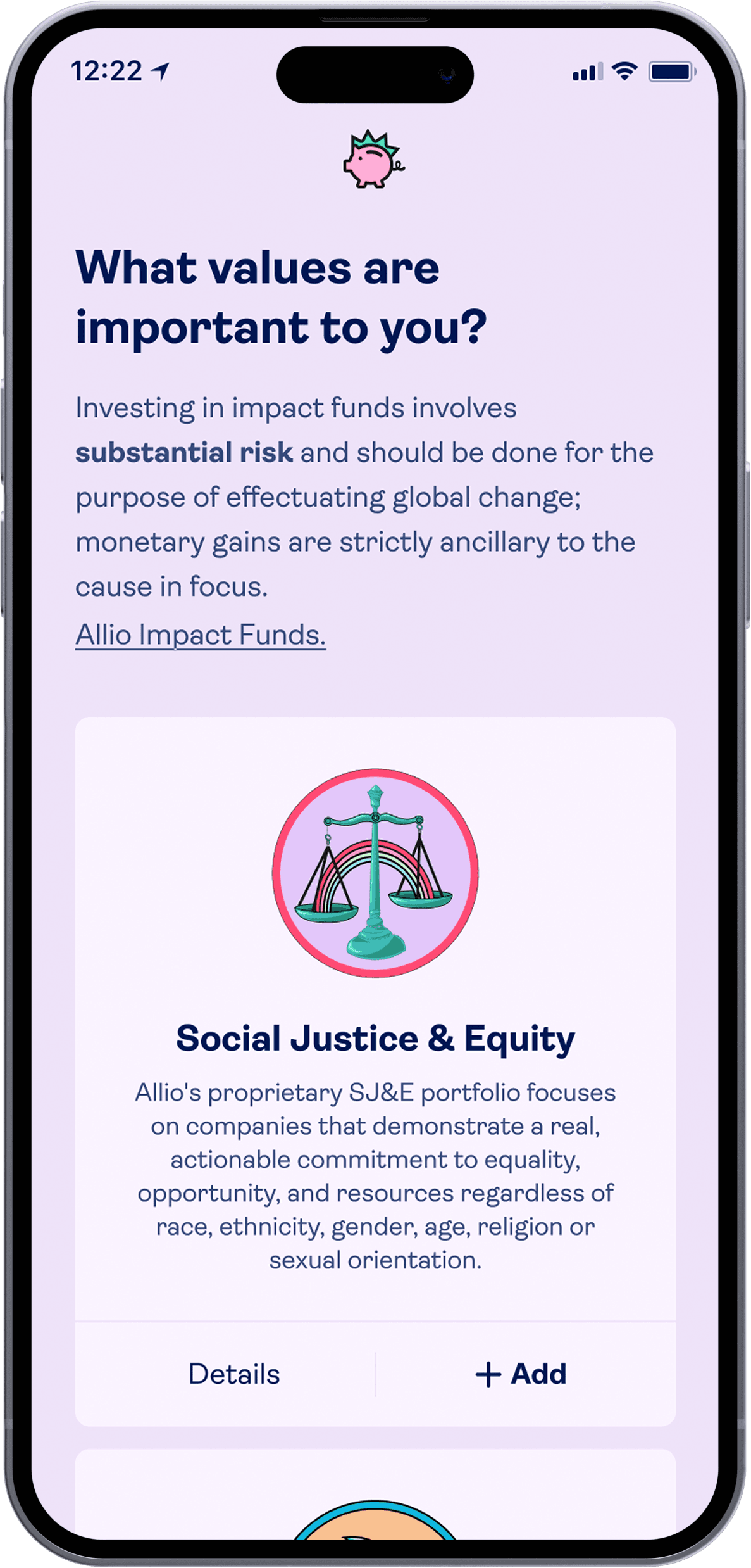 Impact investing in-app Allio screen