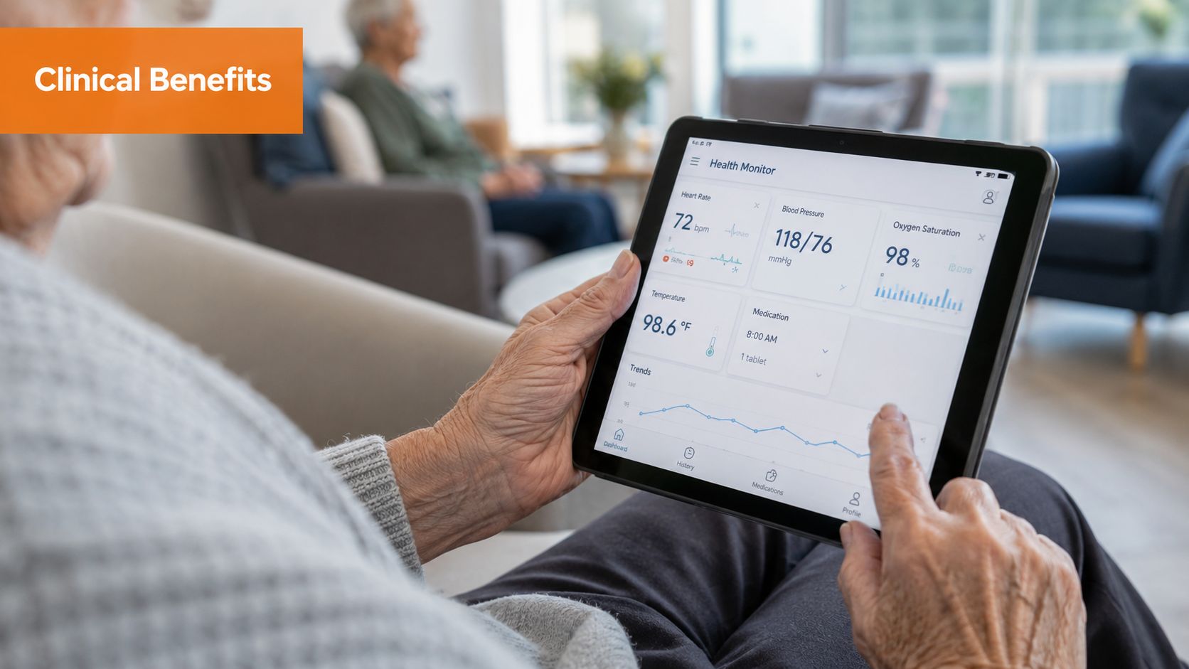 An elderly person uses a tablet to monitor their health vitals like heart rate and blood pressure.