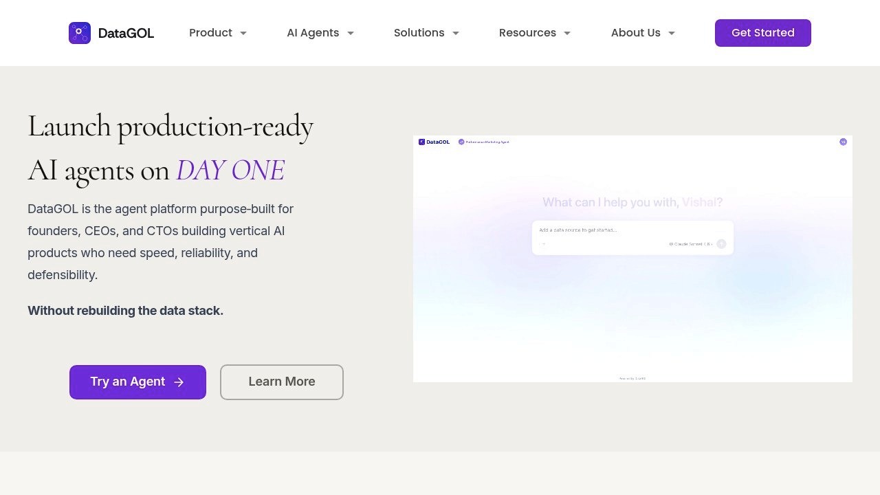 DataGOL AI agents platform showing agentic workflow layer for enterprise AI features