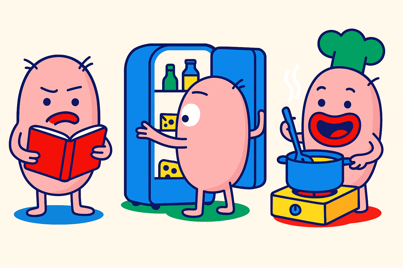 An image of 3 potatoes in vector style: one is reading a book, the other is looking in the fridge, the third one is cooking
