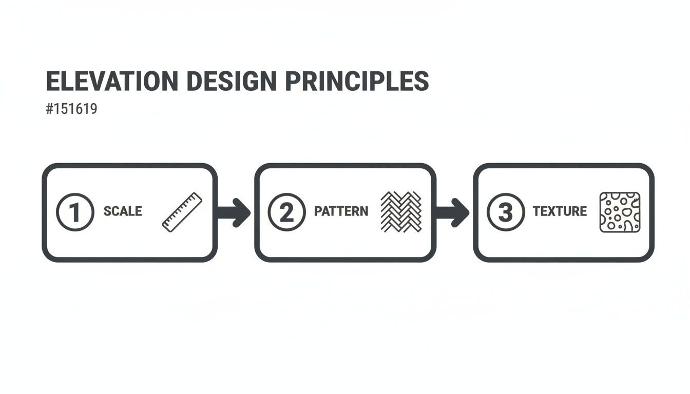 Diagram of elevation design principles, showing the three key steps: scale, pattern, and texture.