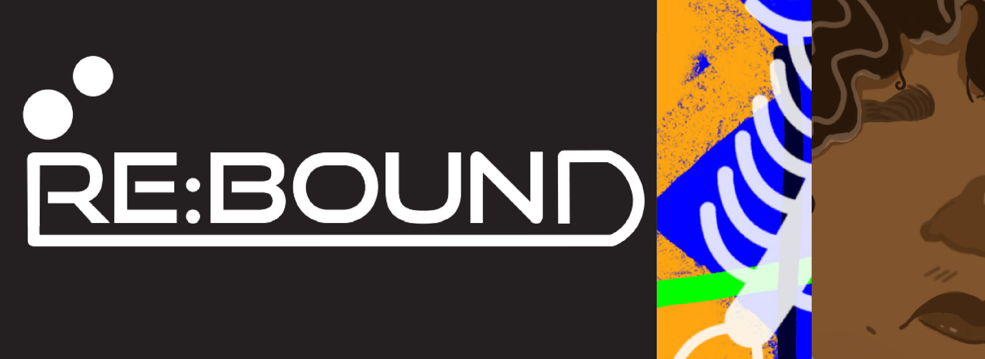 Collage of a white logo spelling "rebound" with an illustration of a close up of a Black person's face