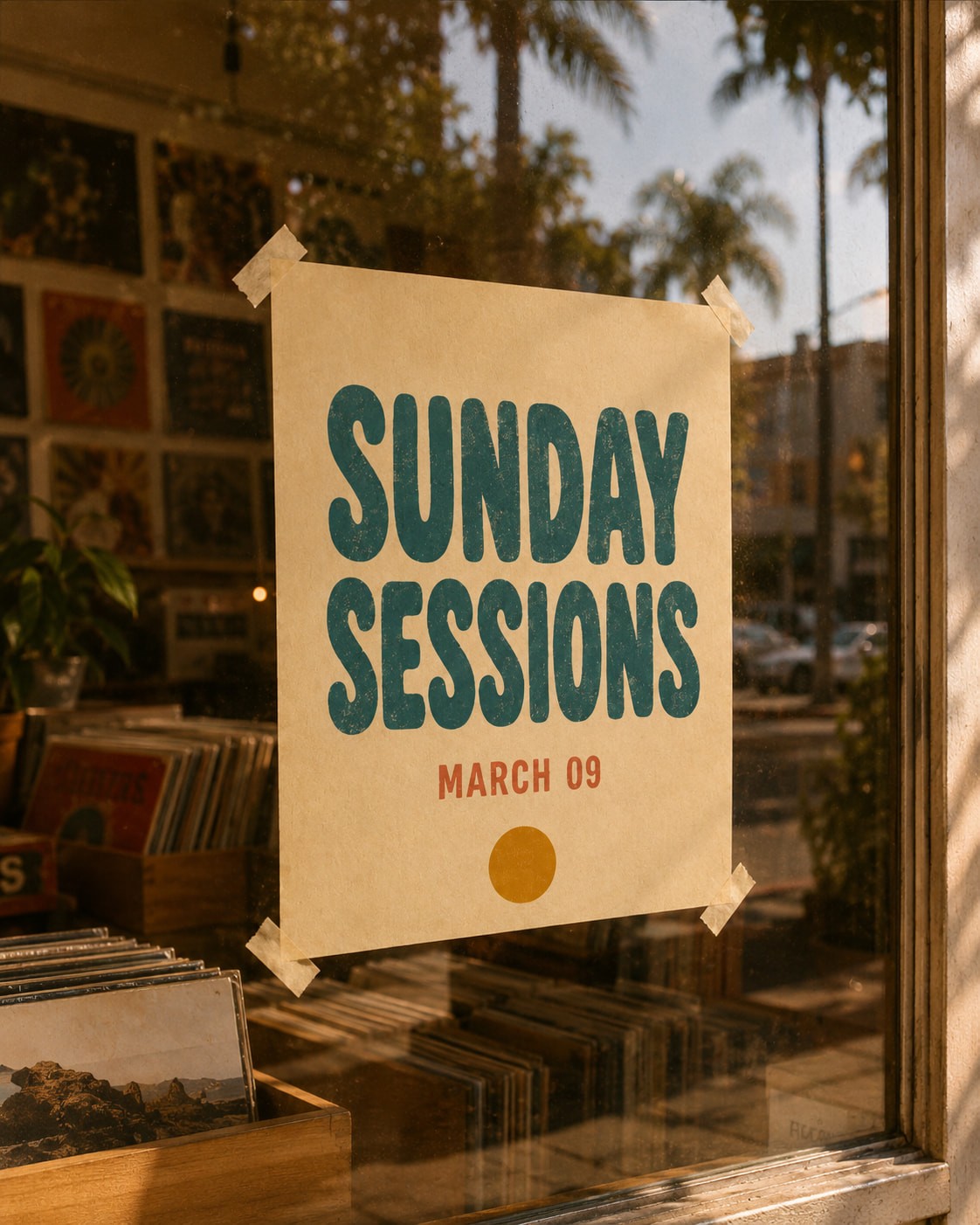A poster reading "Sunday Sessions, March 09" is taped to a shop window. The warm sunlight and palm tree reflections convey a relaxed, inviting atmosphere.