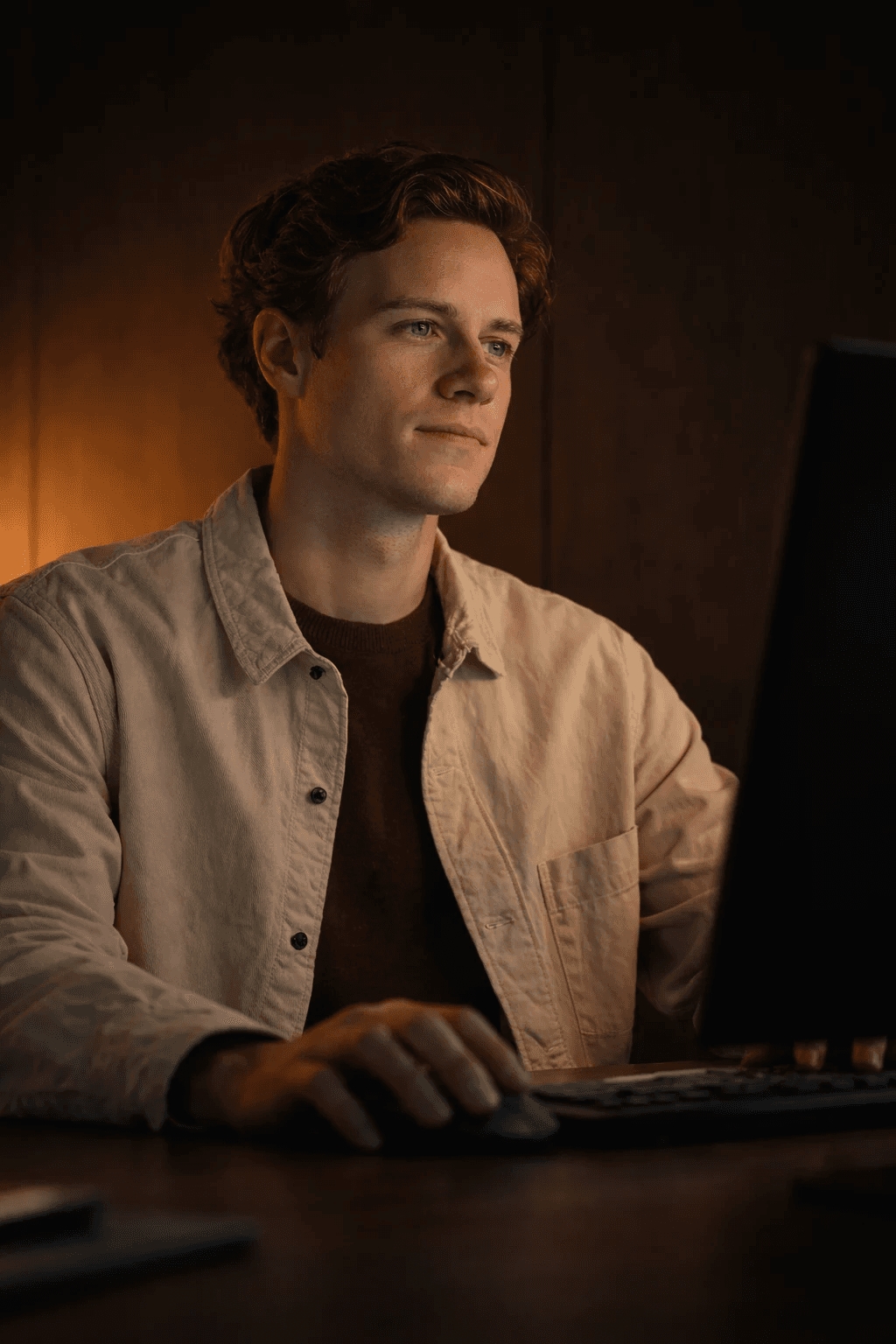 Man working at a computer in a dimly lit room