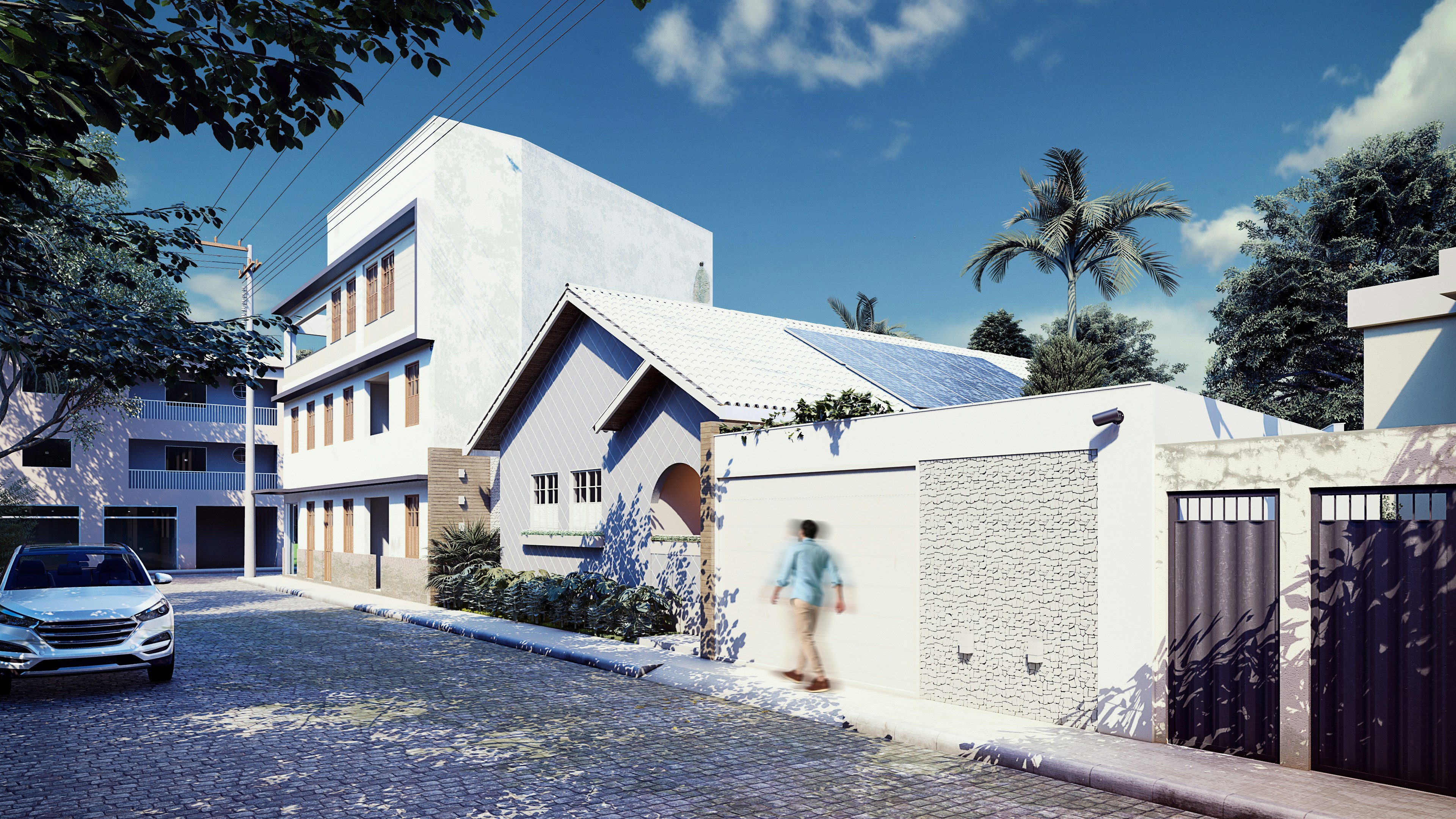 Urban street scene with contemporary houses and realistic daylight rendering