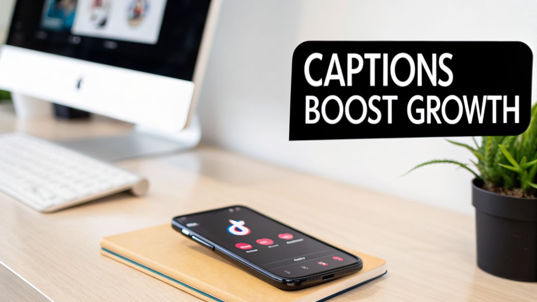 Desk with iMac, keyboard, and phone displaying TikTok app with 'CAPTIONS BOOST GROWTH' text overlay.