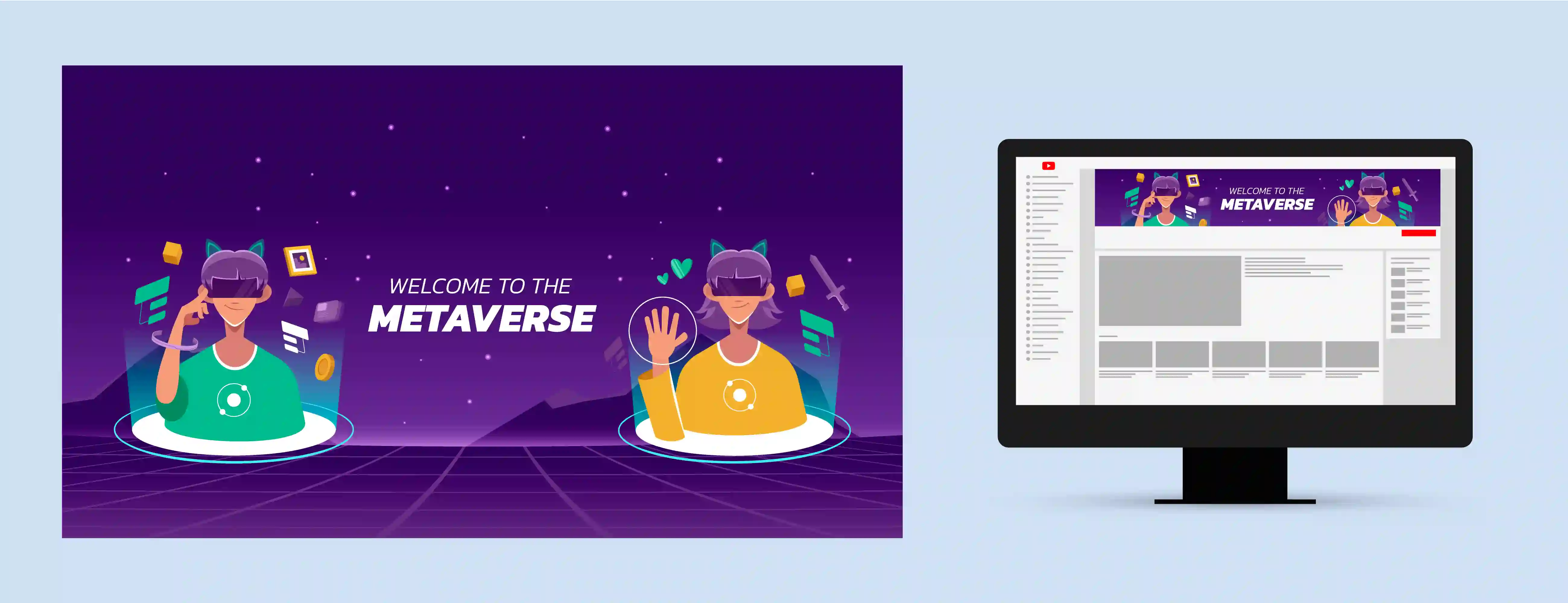 A YouTube banner promoting the Metaverse with two cartoon avatars wearing VR headsets and a monitor showing the banner in use.