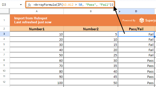 =ArrayFormula(IF(A3:A12 > 50, "Pass", "Fail"))