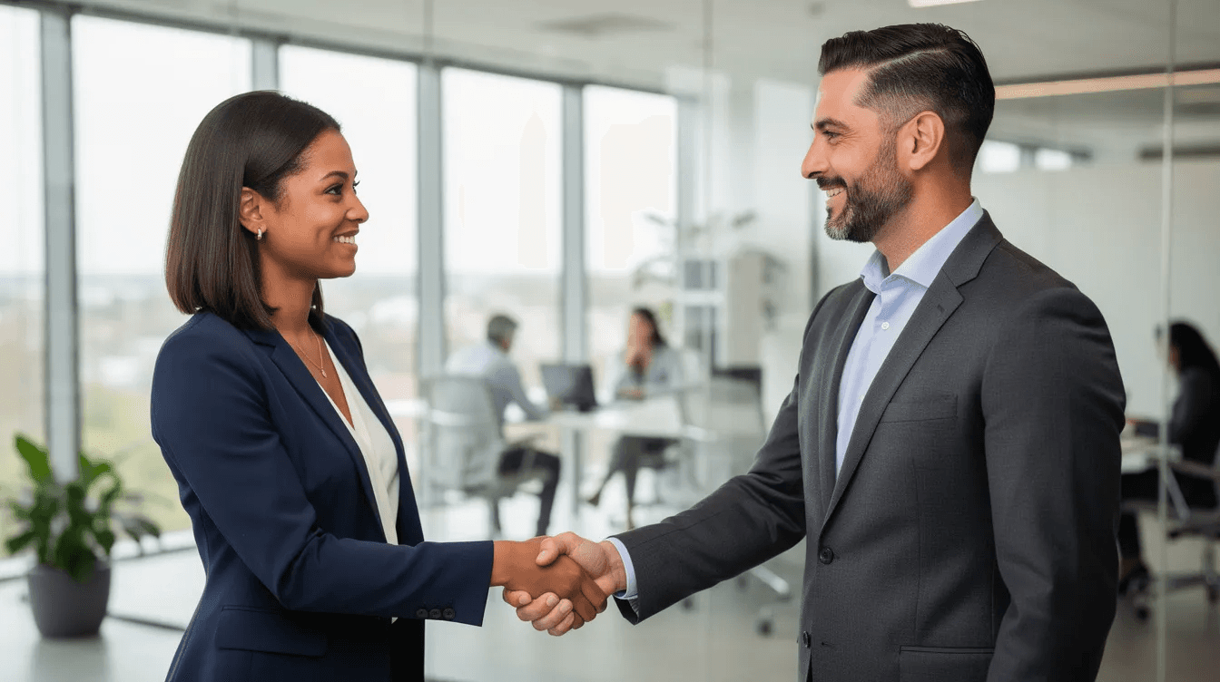 In an office setting, two professionals are shaking hands, symbolizing a partnership or agreement. This interaction may represent the importance of seeking professional advice for managing newfound wealth or developing a comprehensive financial plan to ensure long-term financial security.