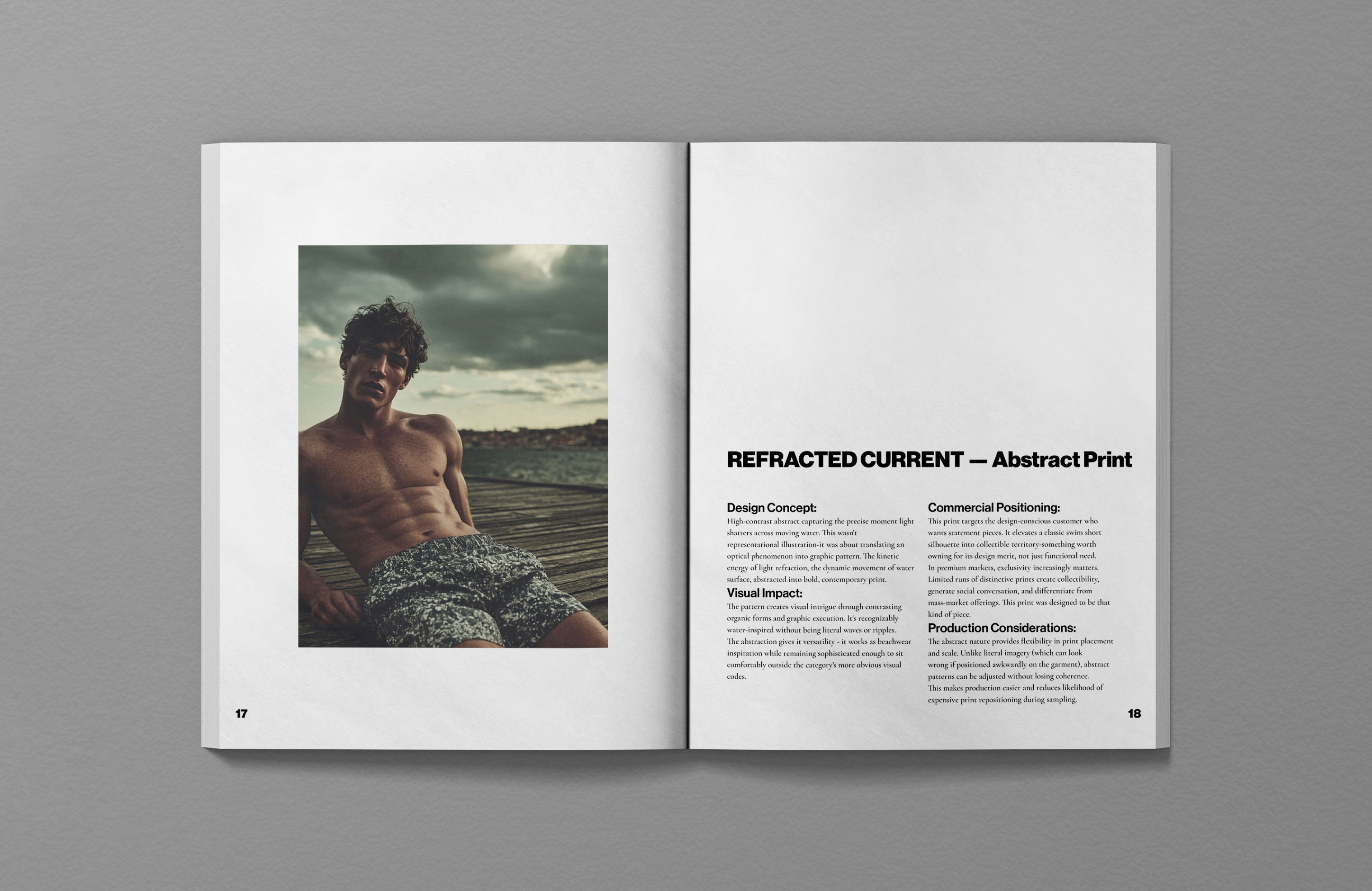 Hugo Boss SS26 editorial spread, model in abstract print swim shorts, Refracted Current Abstract Print design concept and production text