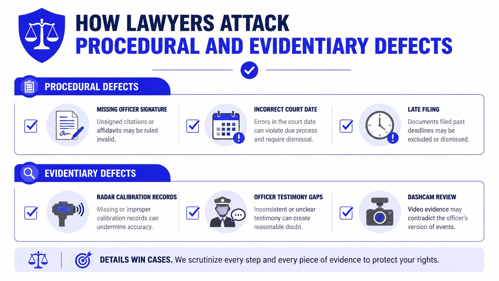 An infographic detailing how traffic ticket lawyers challenge procedural and evidentiary defects in legal cases.