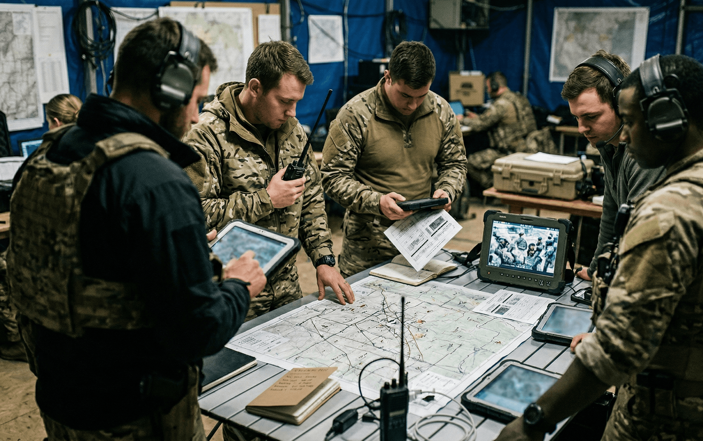 mixed personnel in temporary ops room