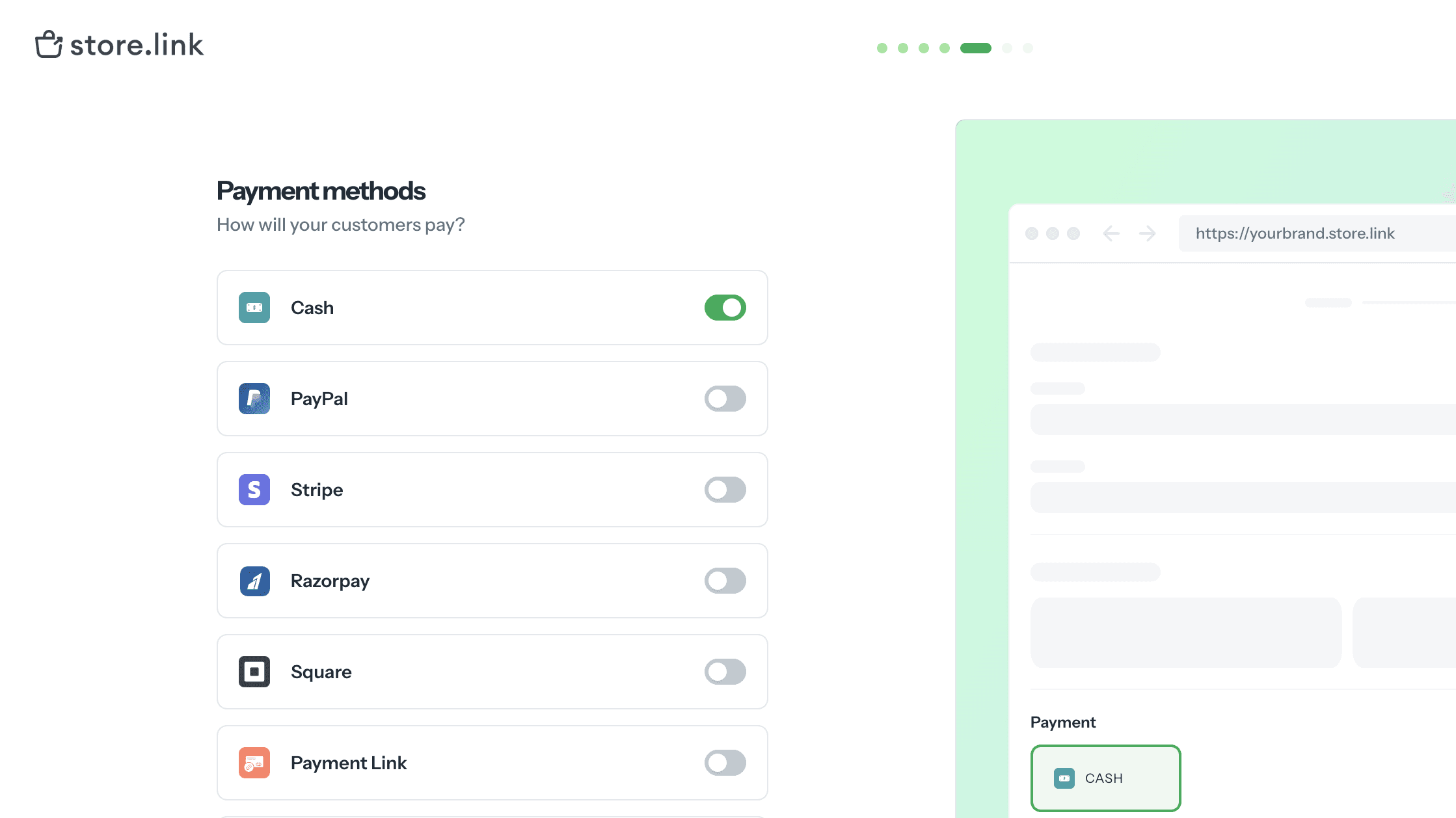 Store.link payment methods setup screen listing cash, PayPal, Stripe, Razorpay, Square, and payment link with cash enabled