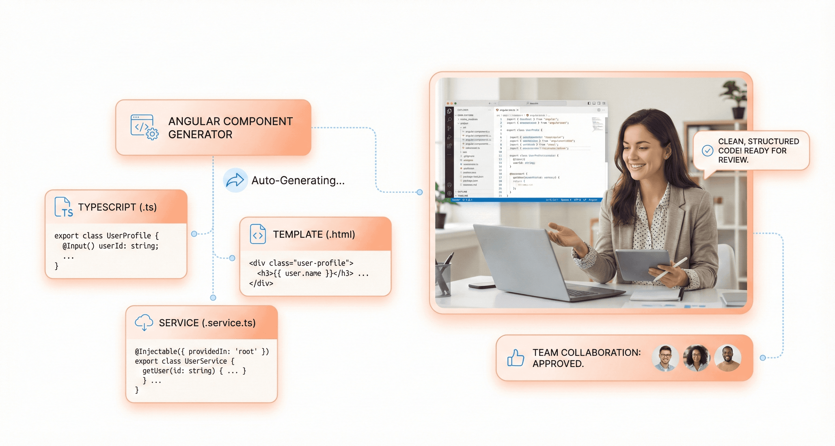 AI-assisted Angular code generation displaying automatically created components, services, and TypeScript structures that follow Angular best practices and modern development patterns.