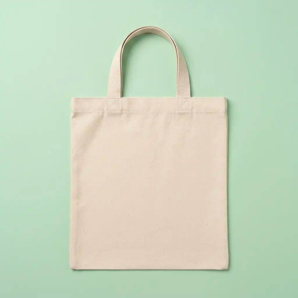 An image of a natural colour tote bag flat on a green background
