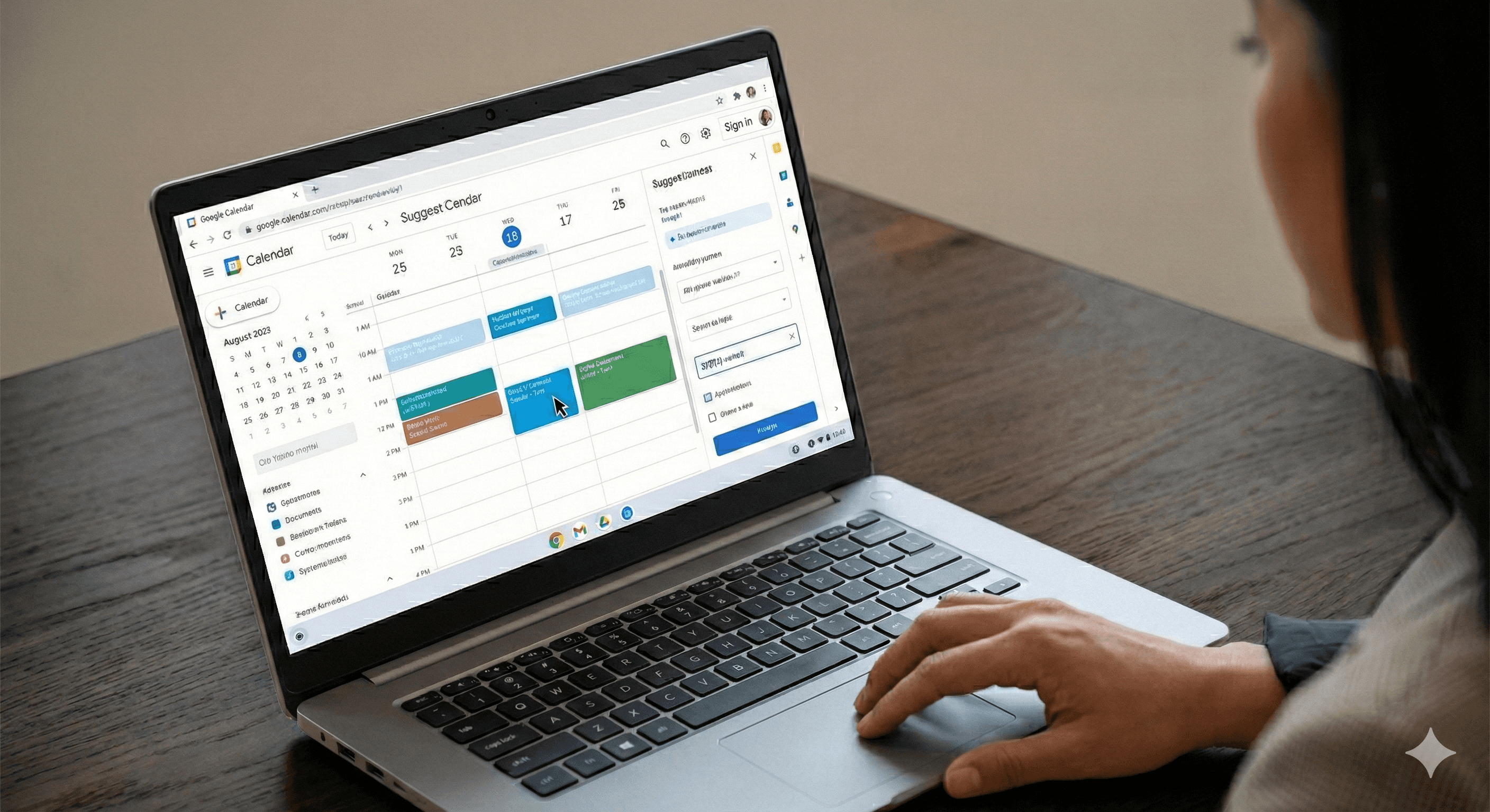 A person is seated at a wooden desk, using a laptop that displays a detailed calendar interface on the screen, showcasing a fully scheduled week in Google Calendar.