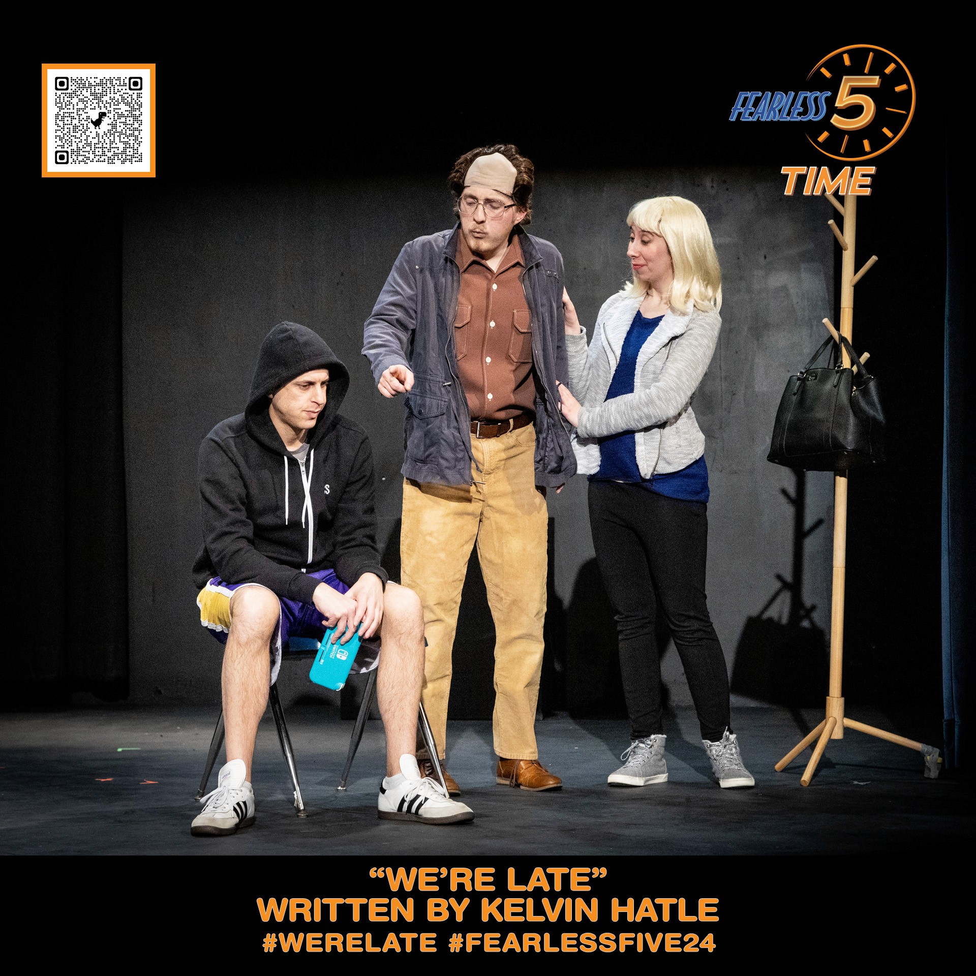Promotional theater graphic titled We're Late, showing three actors standing on stage under spotlights.