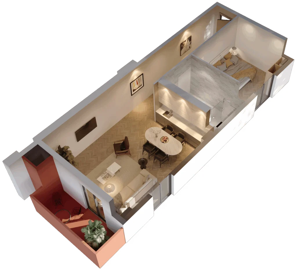 Open-plan 1BR layout with a kitchen, living area, and cozy outdoor terrace.
