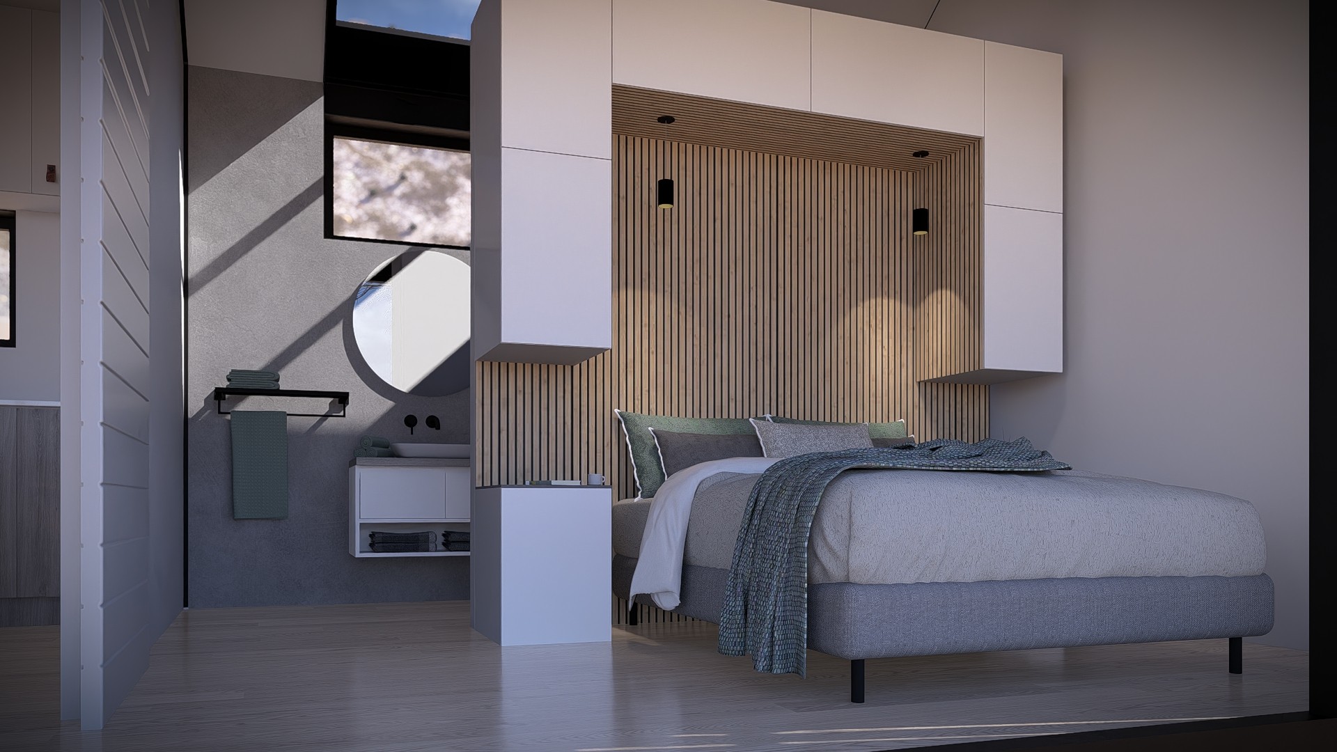 Ensuite bedroom with timber headboard and skylight