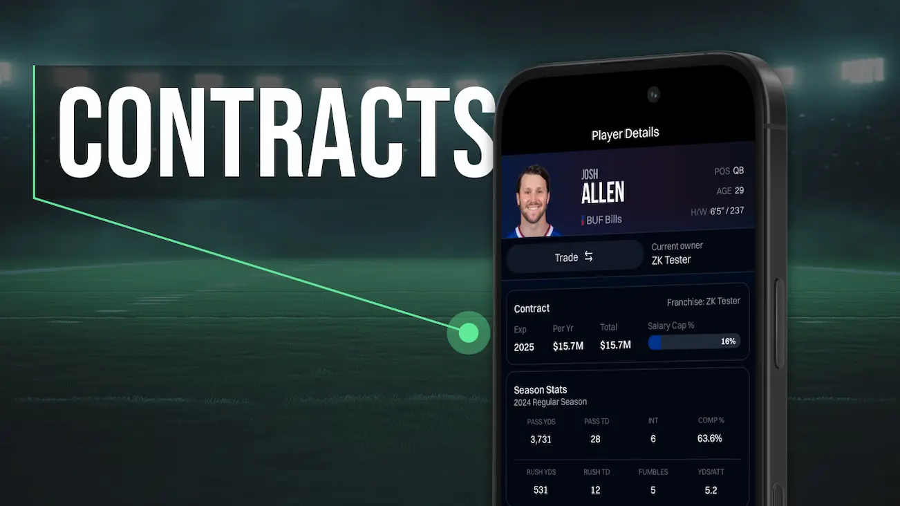 Franchise League Football contracts feature showing player contract details in the app