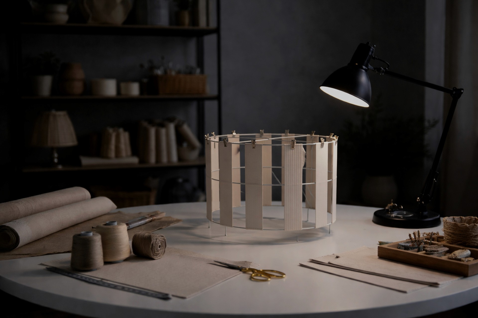 A wide, circular wire frame with fabric panels attached by clips sits in the center of a work table, surrounded by crafting supplies.