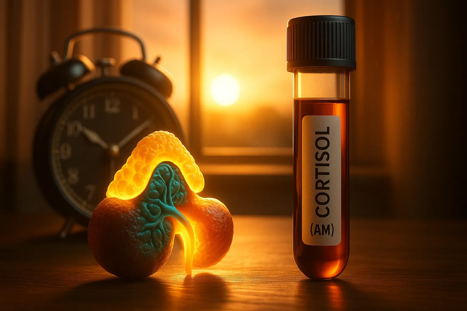 Blood tube labeled Cortisol (AM) beside a glowing adrenal gland and alarm clock at sunrise.