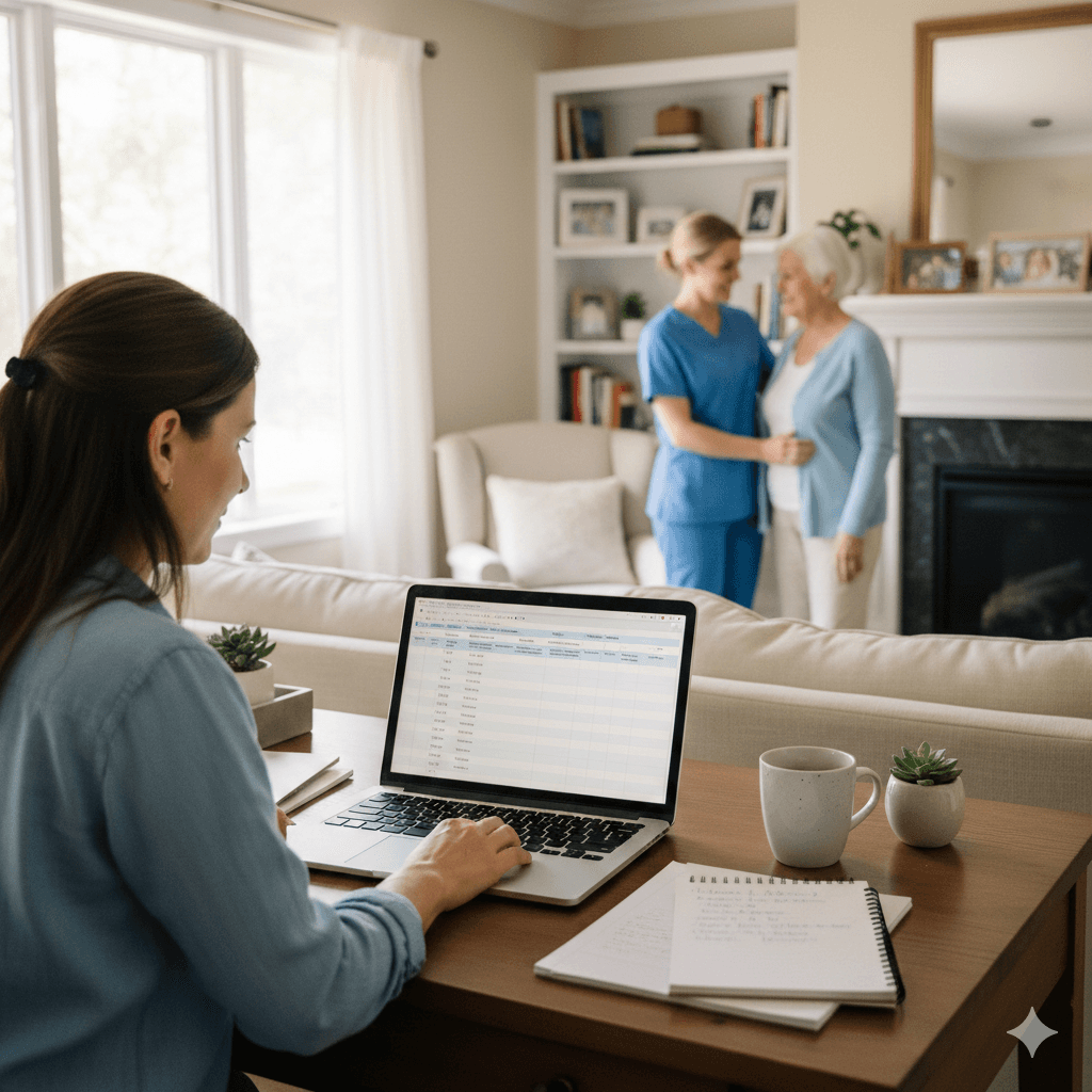 Home care agency owner reviewing intake notes on a laptop while caregiver supports an older adult in a bright living room.
