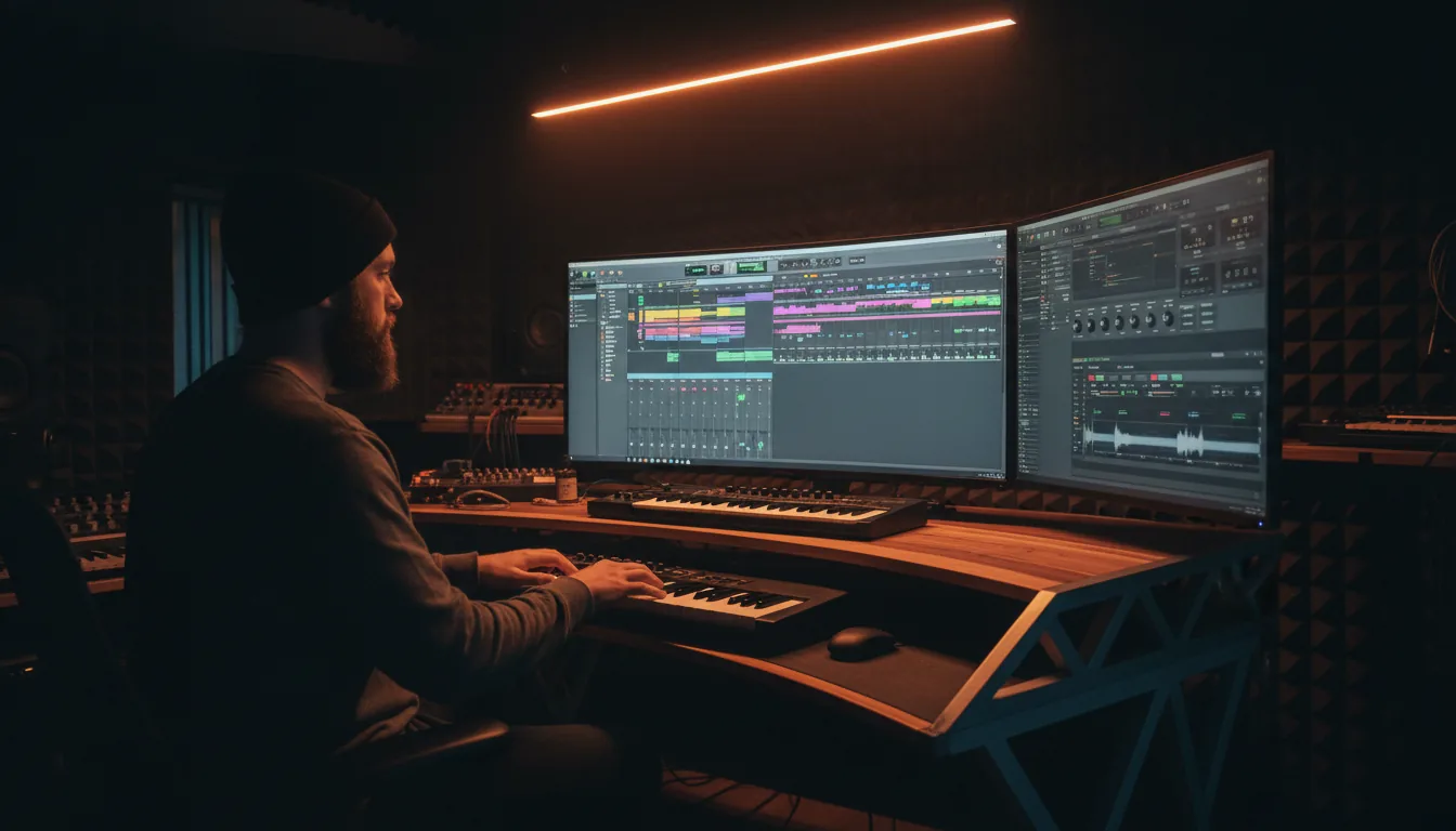 DSLR photo of a music producer with a beard and black beanie in a dimly lit recording studio, viewed from a side profile. Cinematic contrast with warm orange accent lighting from an overhead linear light. He is working at a large studio desk with a MIDI keyboard. The main widescreen monitor displays the FL Studio DAW interface with a detailed playlist and mixer. A secondary vertical monitor shows audio plugin UI elements. The background features dark acoustic foam panels. Moody, professional atmosphere with sharp focus on the workstation.