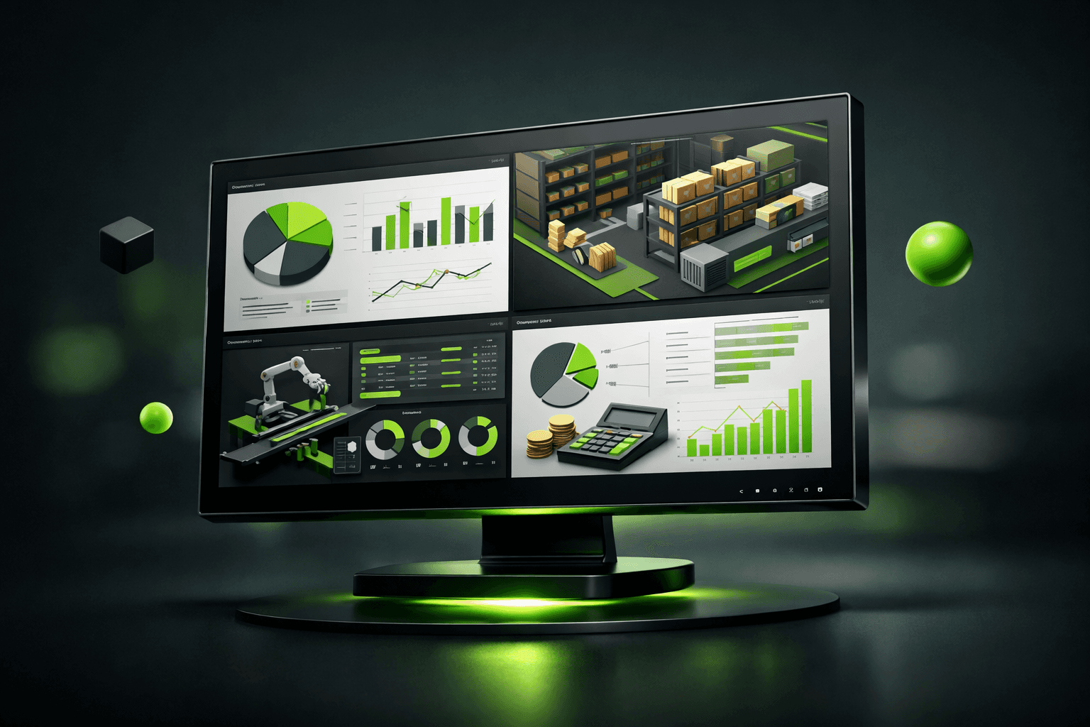 Tela de computador 3D flutuante exibindo múltiplos ERPs integrados com dashboards de gestão, gráficos financeiros, controle de estoque e indicadores de desempenho, em interface preta com detalhes em verde neon, representando integração de sistemas e gestão empresarial digital.