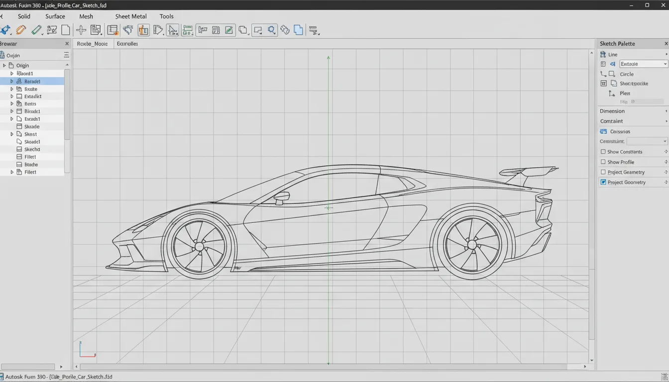 A screen capture of the Autodesk Fusion 360 CAD software in Clean Light Mode. The interface features a top toolbar with numerous icons for modeling and sketching, a left sidebar with a hierarchical browser tree, and a right sidebar 'Sketch Palette' with UI elements and checkboxes. The central design canvas, which has a light gray grid, displays a detailed 2D technical line drawing of a modern sports car in a side profile view. The overall color palette is light gray with muted blue and green icon accents.