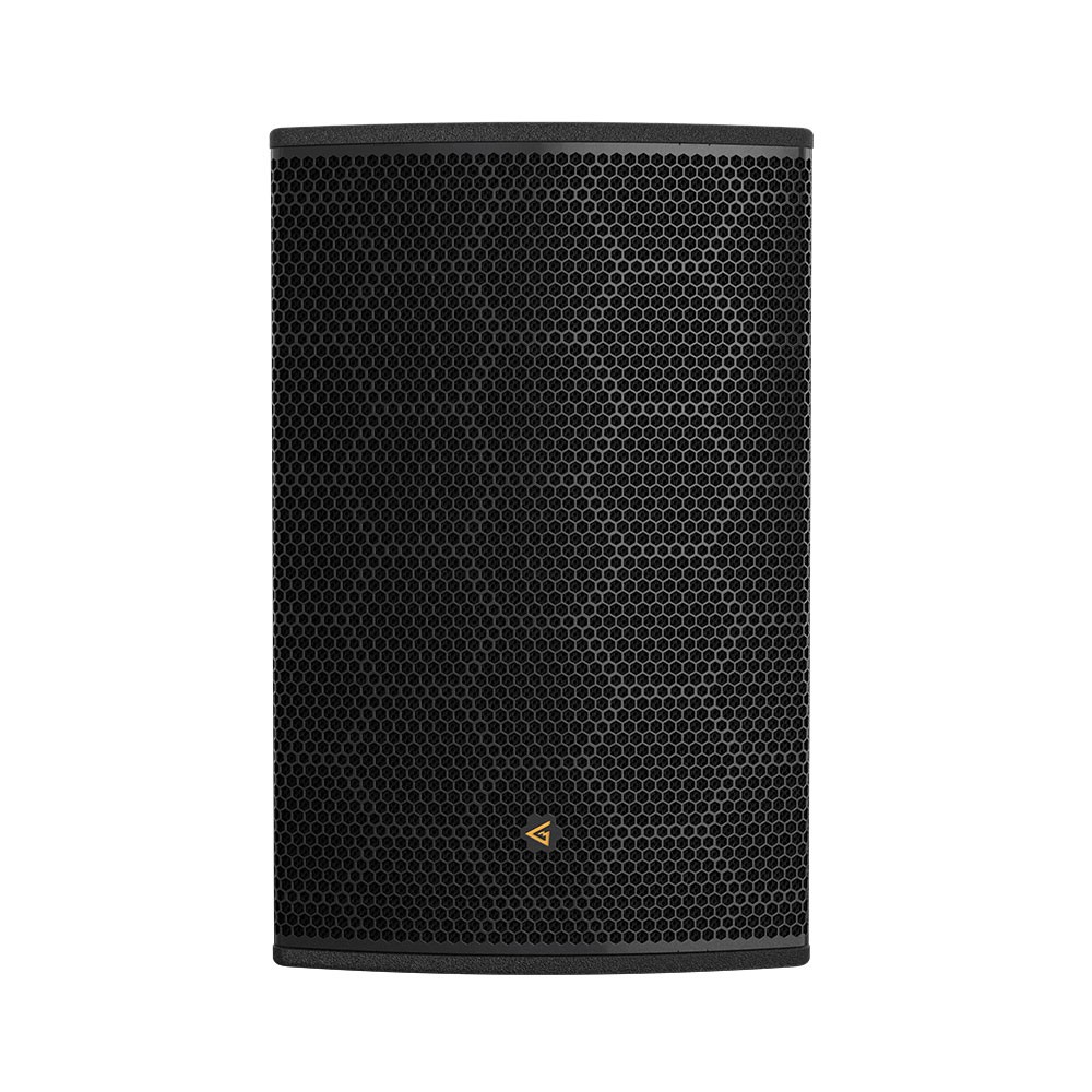 Black speaker with honeycomb grille and logo