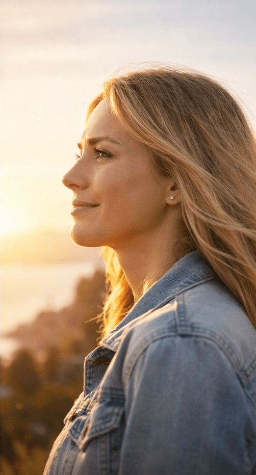 A circle of people sitting cross-legged, meditating with hands in a prayer position. Soft, warm lighting.