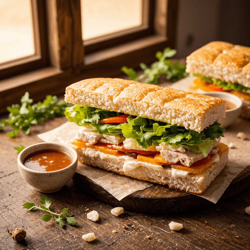product photography of a cut sandwich with layers of lettuce, meat, and other fillings