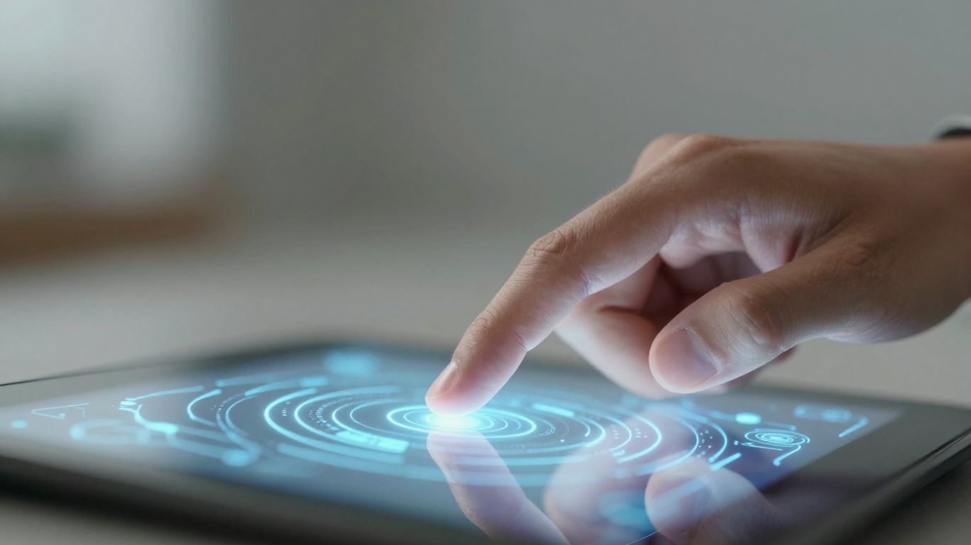 Hands interacting with a futuristic AI interface.