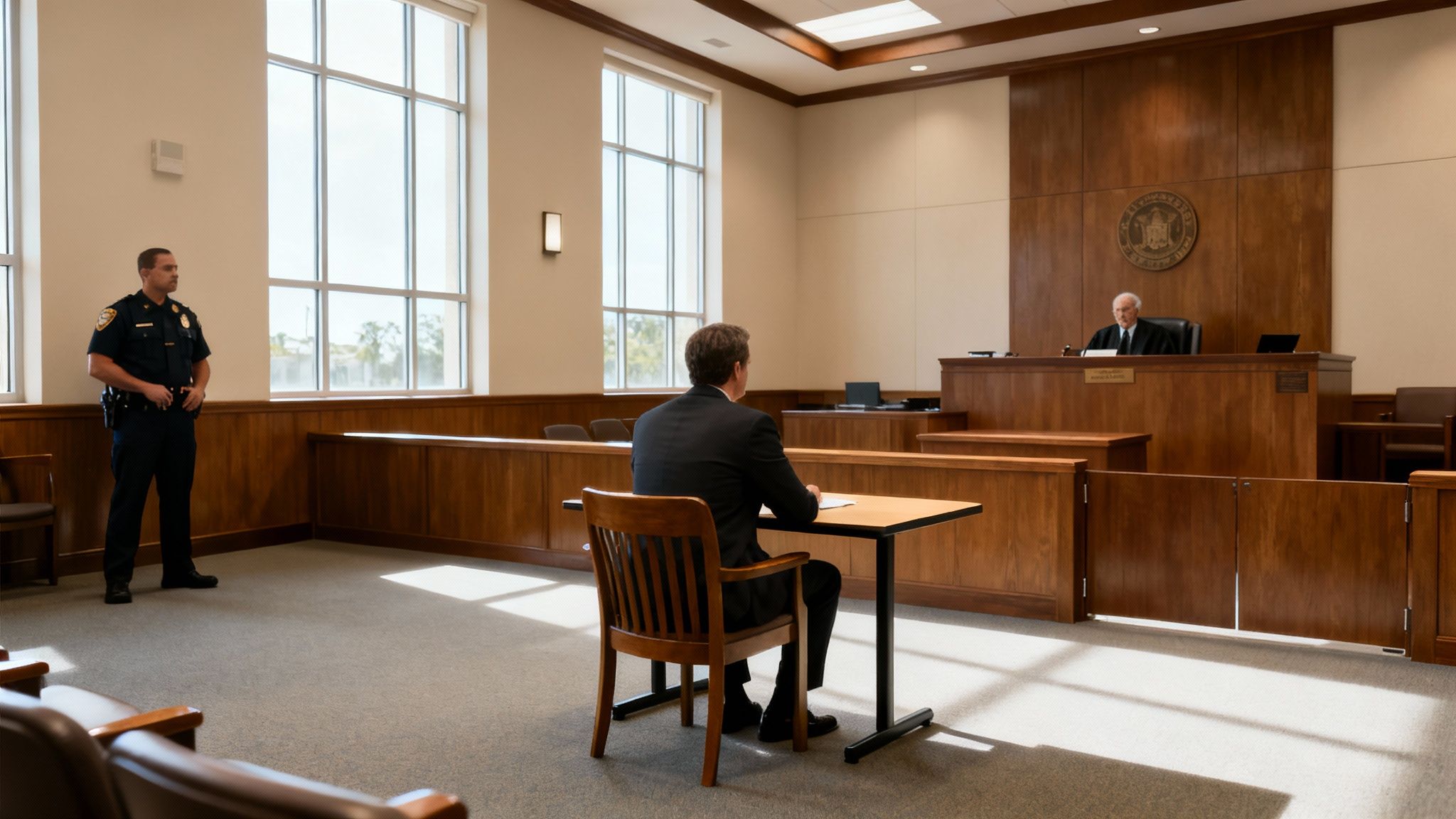 A wide shot of a modern courtroom with a police officer, a man at a table, and a judge on the bench.