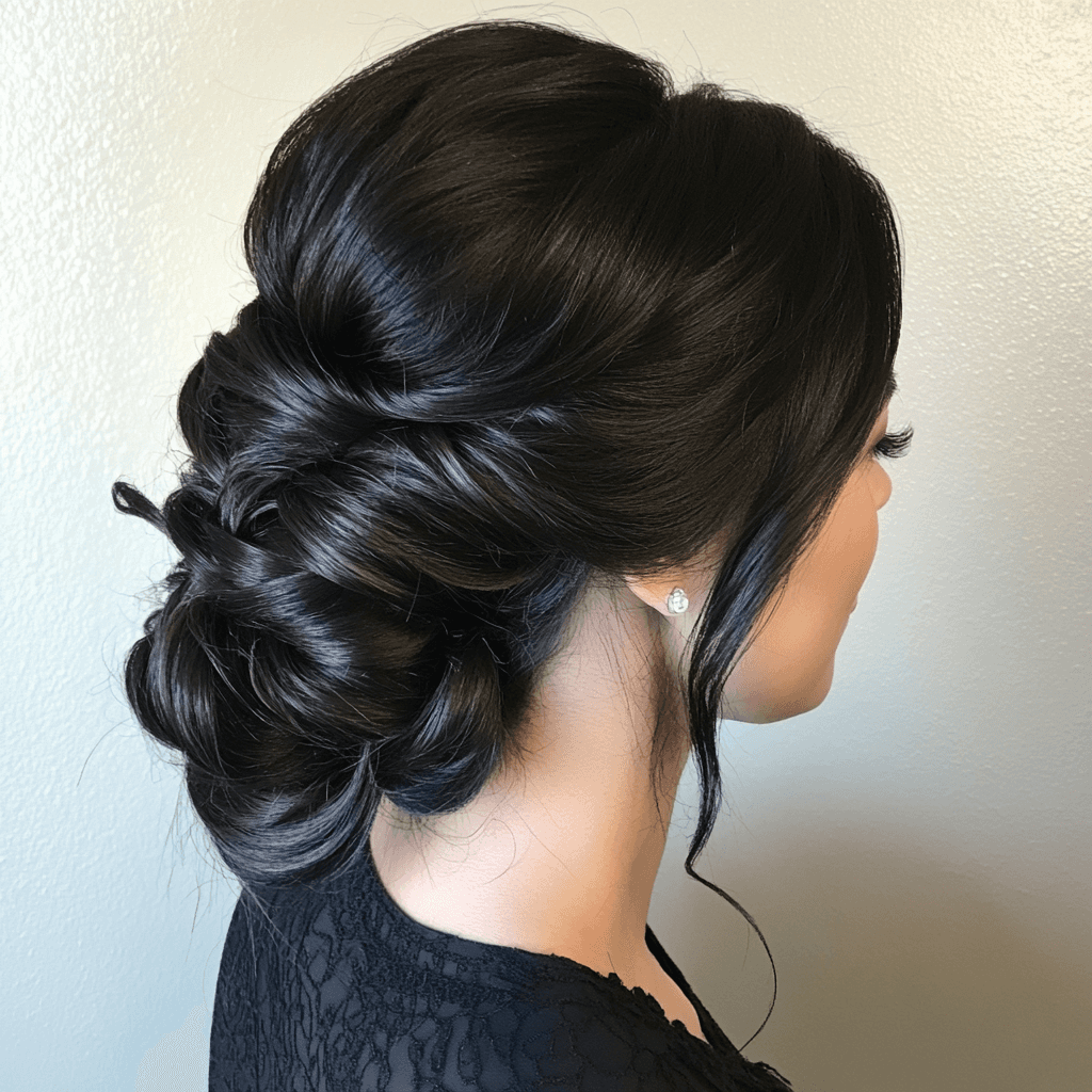 Glamouröse Hochsteckfrisur für schwarze Haare, die dem Brautlook eine elegante und zeitlose Ausstrahlung verleiht.
