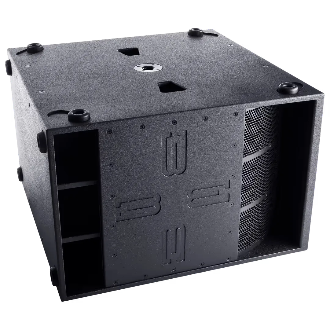 Black speaker cabinet with grill and indented logo