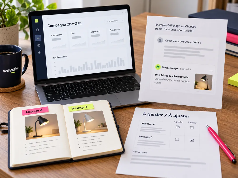 Suivi d’une campagne ChatGPT Ads, variations de message et carnet de décisions.