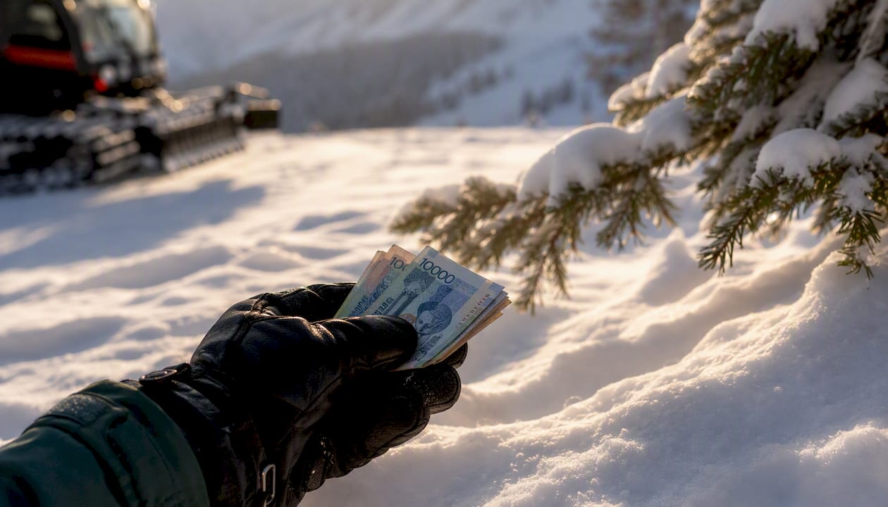Skier holding banknotes while standing in the snow