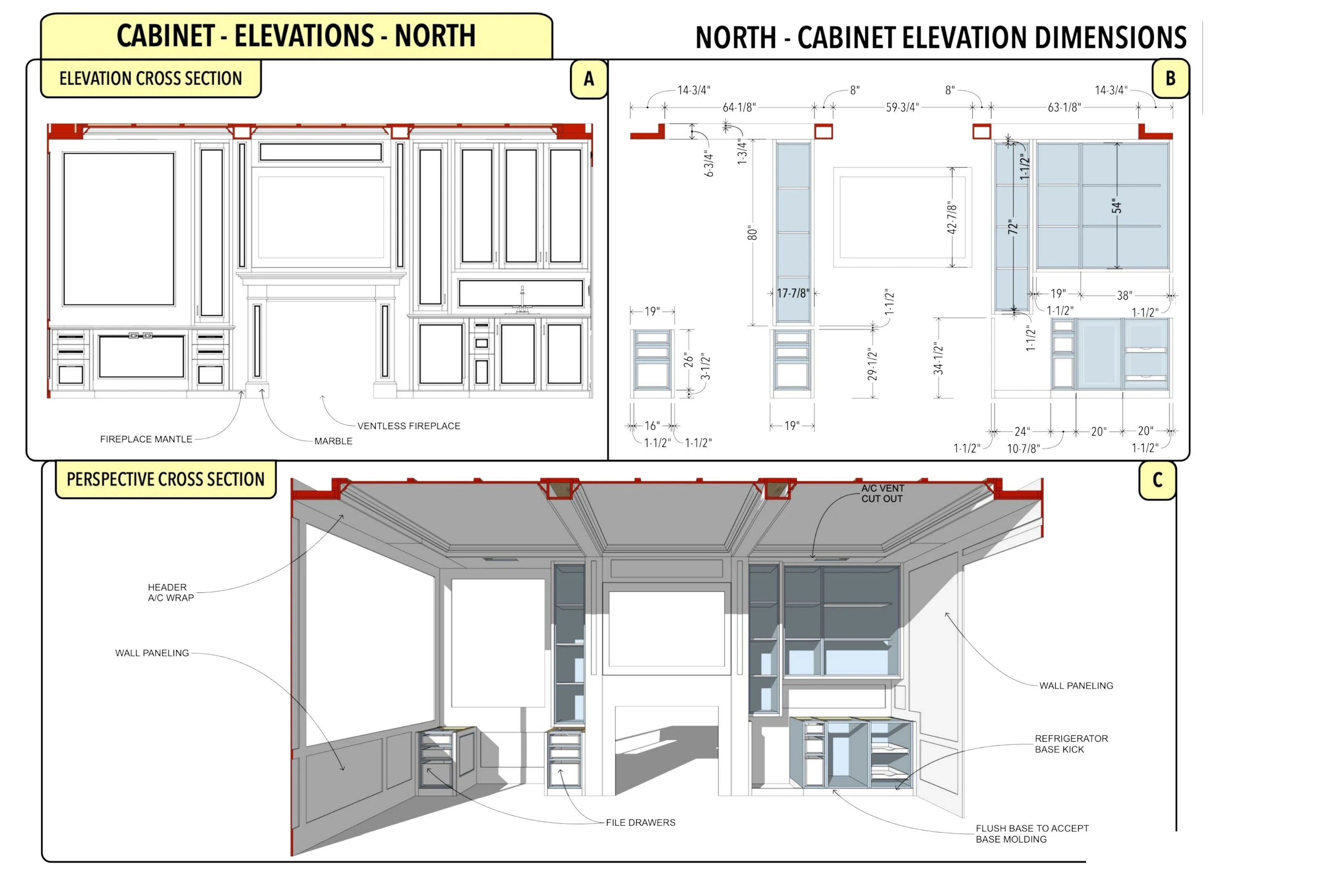 Study with a Hidden Bar: technical cabinet elevations and interior views.