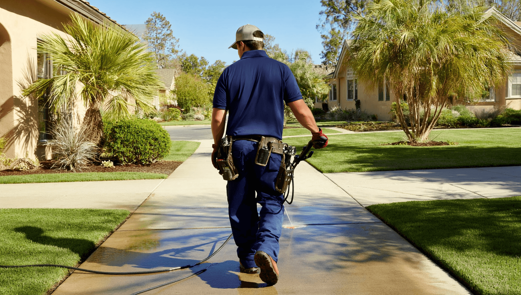 Technician pressure washing driveway at modern home in Naples, Florida.