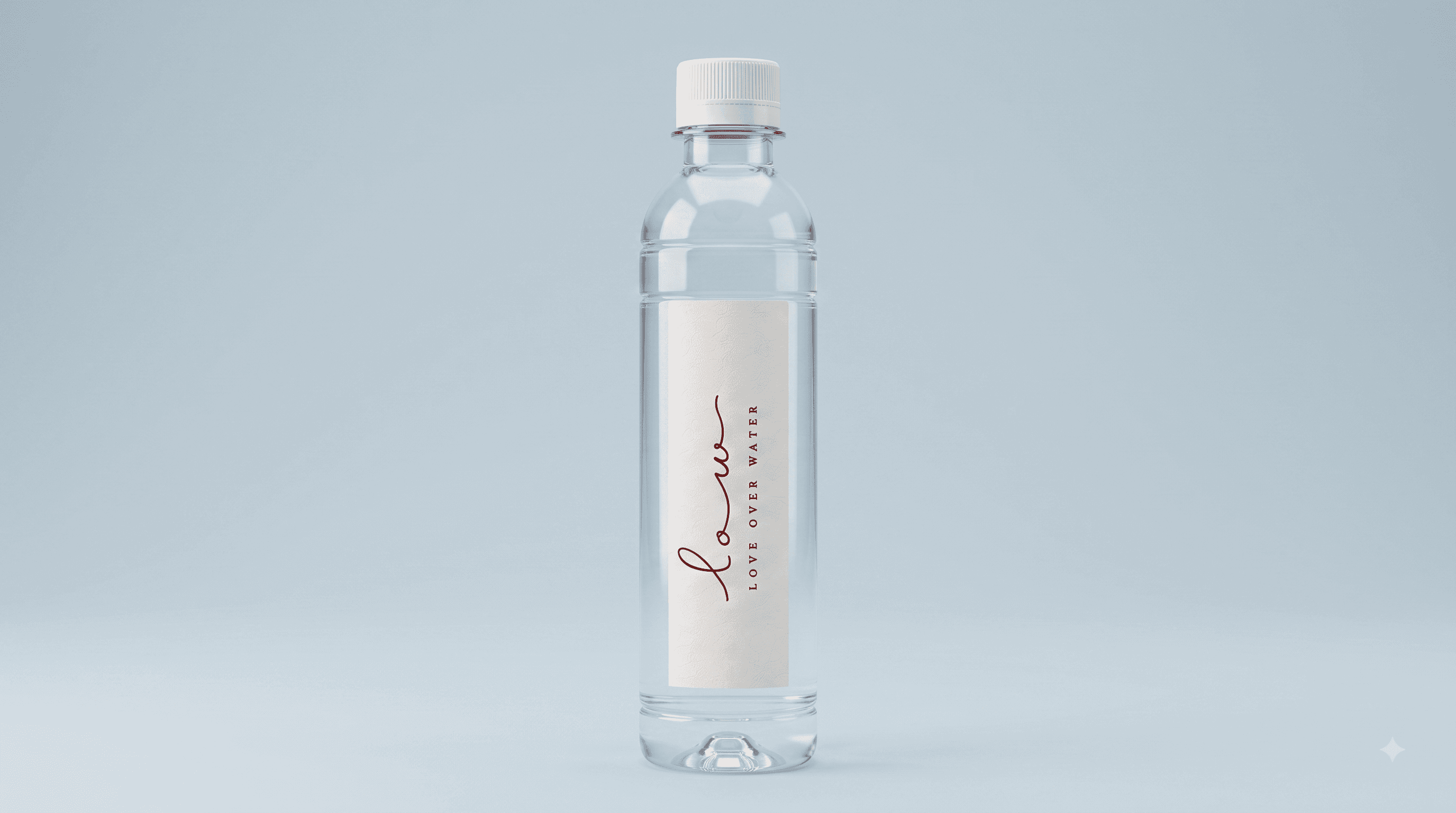 Clear water bottle with white cap and label reading "Love over water" on pale blue background.