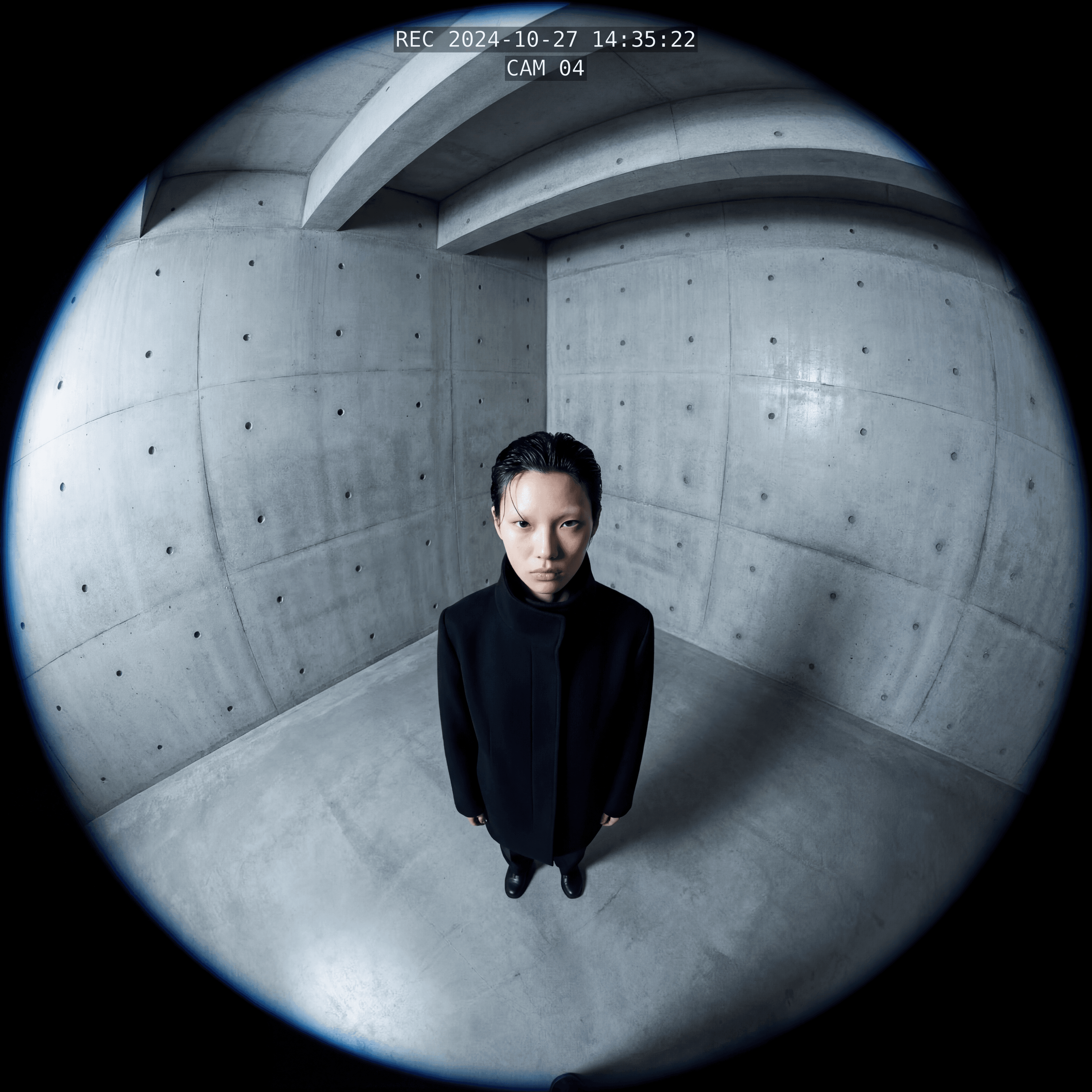 Extreme 8mm fisheye distortion of human form in void, Avant-Garde Visual System, Shutter drag motion blur, Experimental Digital Art, Engineered by Aventi