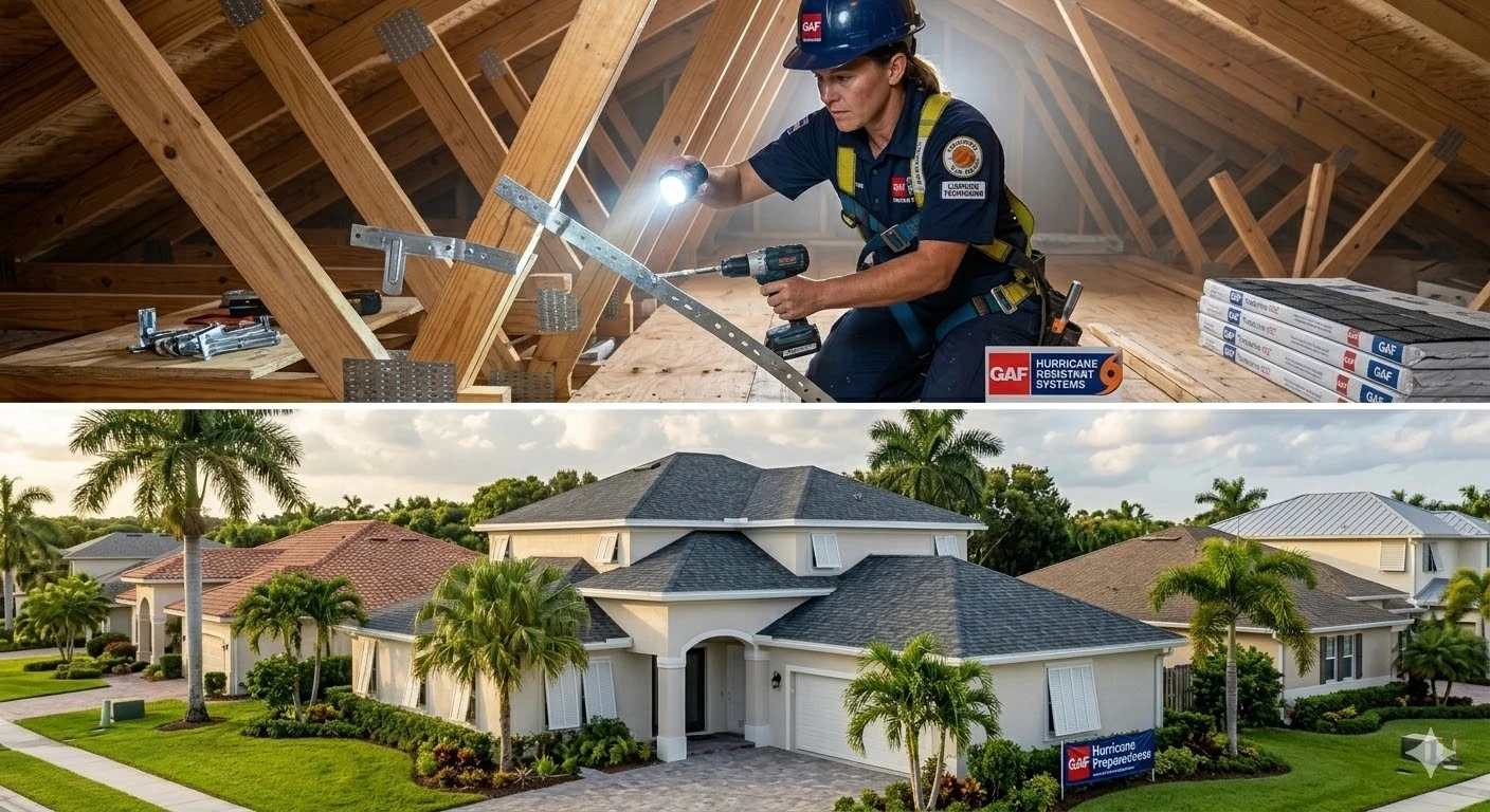 Wind mitigation roofing South Florida — hurricane strap installation and code-compliant nailing pattern by Roofing Network