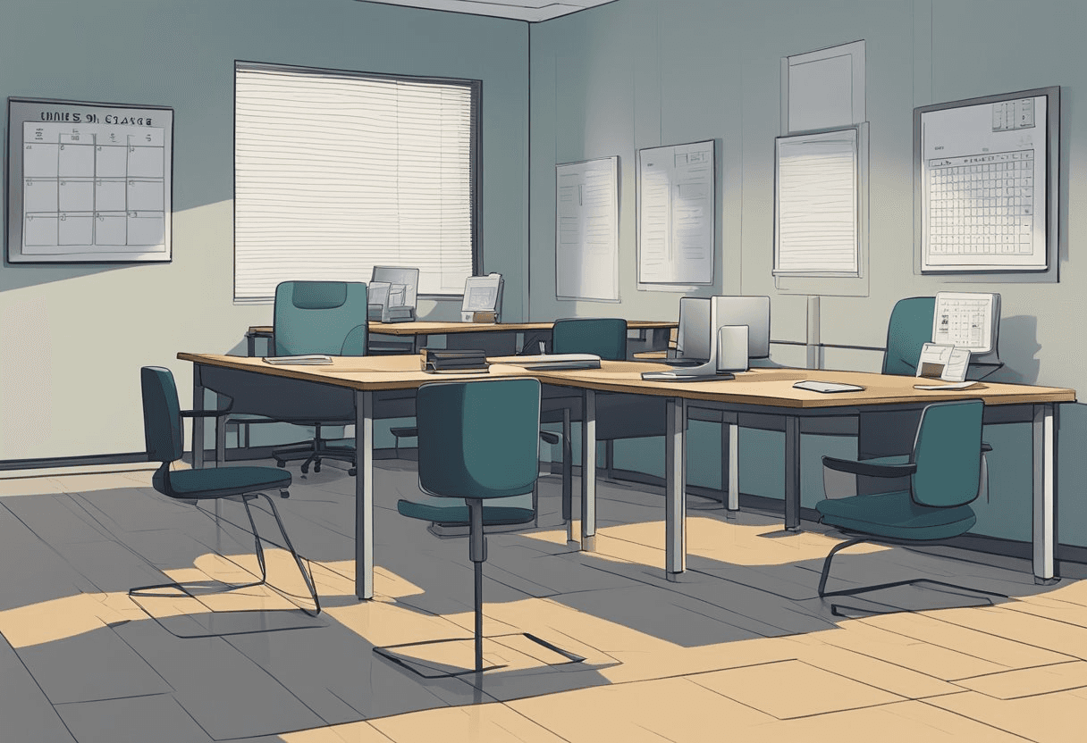 An empty office space with vacant desks, unoccupied chairs, and a quiet atmosphere. A calendar on the wall displays the current date, emphasizing the lack of activity