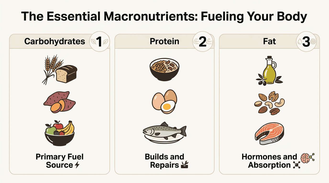 Infographic comparing carbs, protein, and fat macronutrient functions with food icons