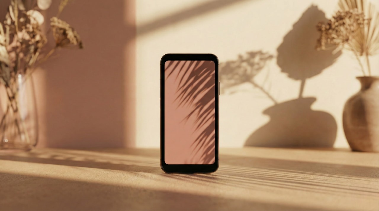 A smartphone stands on a sunlit surface with plant shadows on a pink screen. Dried floral arrangements cast soft shadows, creating a calm, natural ambiance.