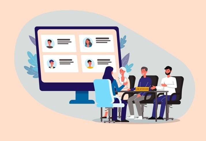 A group of multiple candidates is engaged in an animated discussion around a conference table, equipped with laptops and notebooks, showcasing their communication skills and problem-solving abilities during a group interview. The diverse perspectives and dynamic interactions highlight the candidates' teamwork and leadership potential in this collaborative setting.